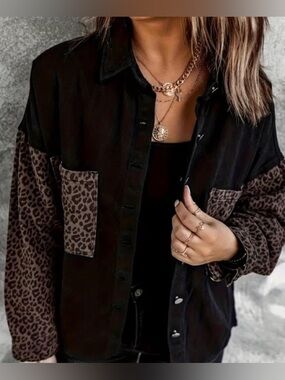 Black Women's Button-Up Shirt with Leopard Accent